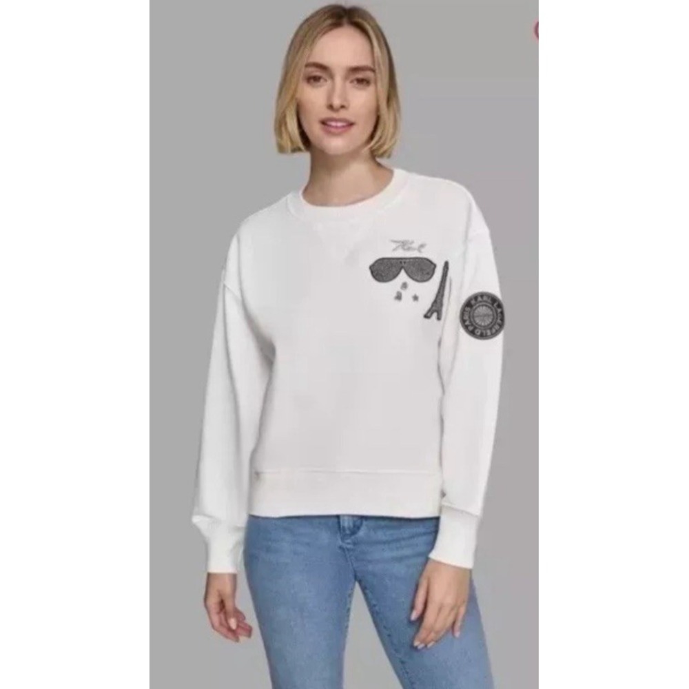 EUC‎ Women Karl Lagerfeld Paris White Logo Patch Sweatshirt Sz L